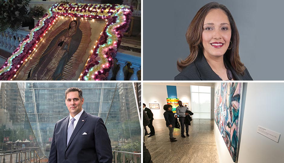 Clockwise from upper left: Preparation at St. Thomas Aquinas for Our Lady of Guadalupe procession (Bethany Welch); Yvette Núñez; at the opening of the El Corazón Center (José Hernandez); Rich Negrín.