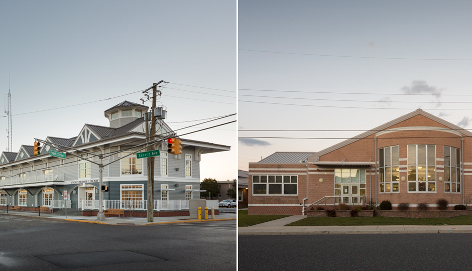Stone Harbor’s new $4.2 million library, left, which sits just three miles from Avalon’s equally posh library, right. | Photographs by Eric Prine
