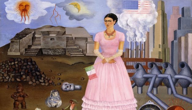 Self-Portrait on the Border Line Between Mexico and the United States, 1932, Frida Kahlo, Oil on metal, 12-1/2 x 13-3/4 inches (31.8 x 34.9 cm), (Colección Maria y Manuel Reyero, New York) © Banco de México Diego Rivera Frida Kahlo Museums Trust, Mexico, D.F./Artists Rights Society (ARS), New York