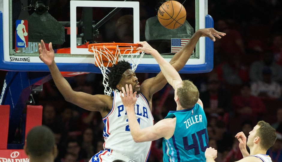 Sixers center Joel Embiid blocks Cody Zeller at the rim | Bill Streicher-USA TODAY Sports