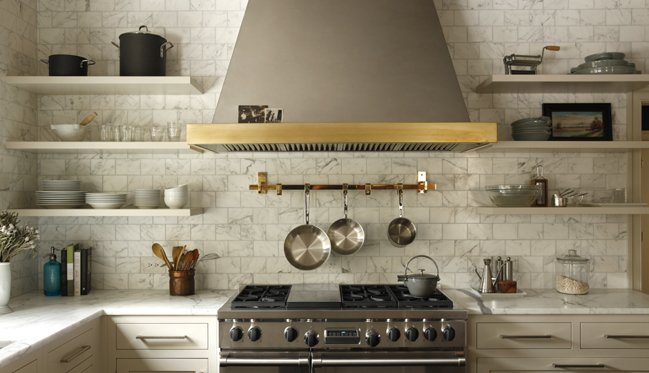 Open shelves in a Villanova kitchen designed by Ashli Mizell | Photograph by Jason Varney
