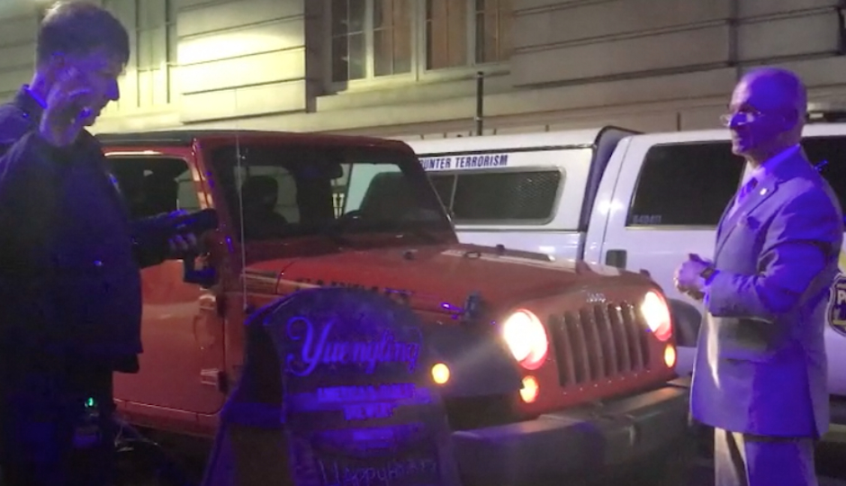 The driver for the Republican senator talks a PPA agent out of giving him a ticket for being parked illegally. (Note that the Counter Terrorism truck in the back had nothing to do with this exchange. It was just driving by.)