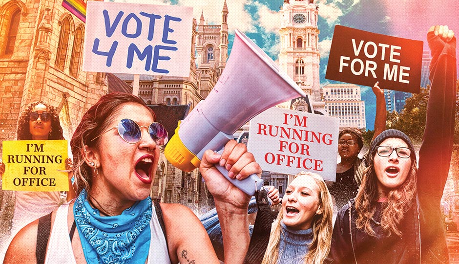 Illustration by Gluekit (protesters: iStock; City Hall: C. Smyth/Visit Philadlephia)