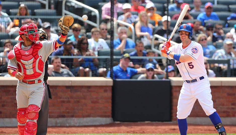 Philadelphia Phillies catcher Wil Nieves calls for an intentional walk at Citi Field on Jul 30, 2014. Photo by Anthony Gruppuso/USA Today Sports