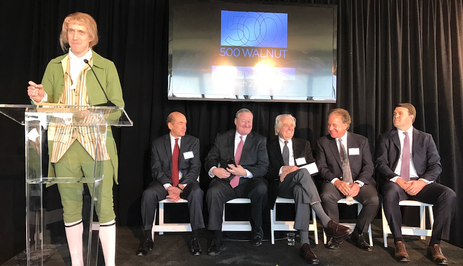 "Thomas Jefferson" welcomes invitees to today's 500 Walnut topping-off ceremony and introduces developer Tom Scannapieco, to his left. Also on the podium, from left to right: Mayor Jim Kenney, architect Cecil Baker, Intech Construction President Will Schwartz and ULLICO Regional Manager Matthew Downs. | Photos: Sandy Smith; renderings: Cecil Baker + Partners via Scannapieco Development