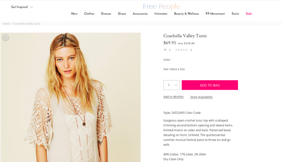 Screenshot of Free People website. 