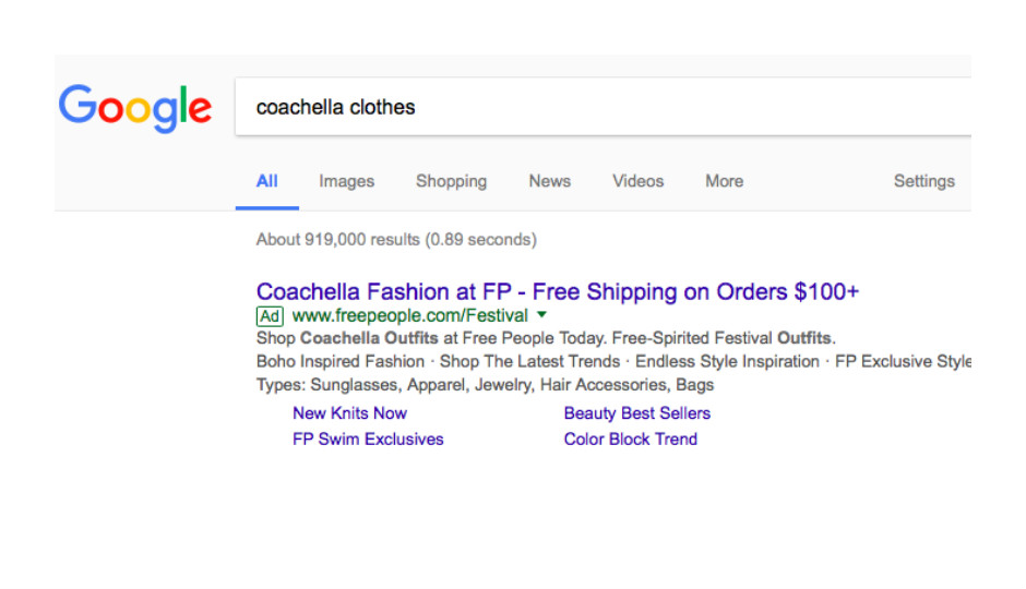 Screenshot of Free People ad in Google search results. 