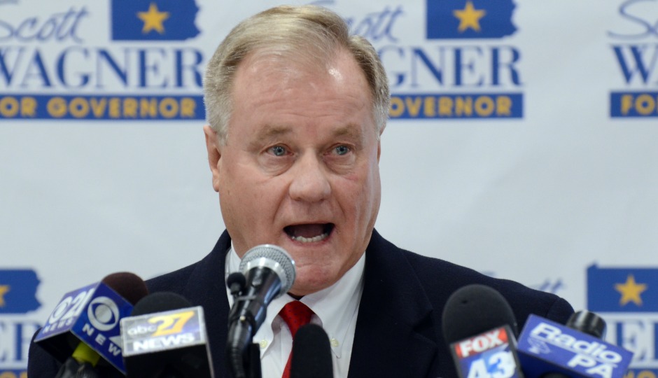 Scott Wagner, a Republican state senator from York County and owner of trash hauling firm Penn Waste, speaks to reporters at a Penn Waste facility after formally announcing that he will run for Pennsylvania governor in 2018, Wednesday, Jan. 11, 2017 in Manchester, Pa. (AP Photo/Marc Levy)