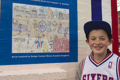 Eleven-year-old Brendan Dougherty his winning submission to the Sixers Mural Arts Contest. Photo: Christian Sarkis Graham