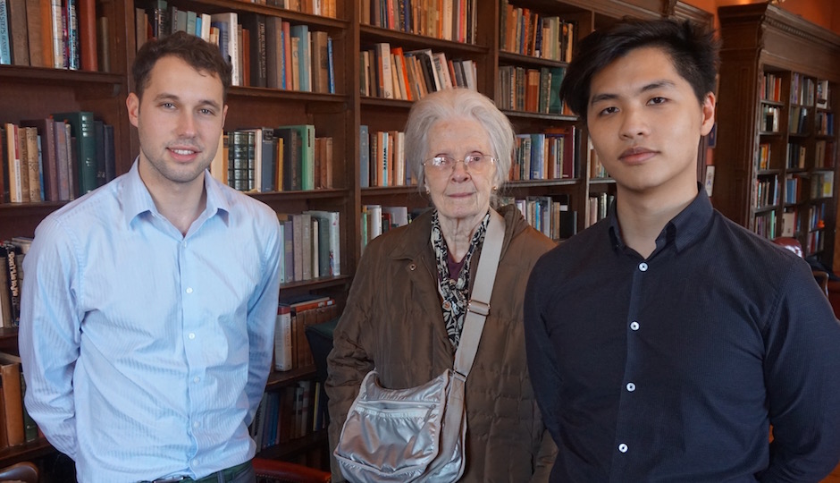 (Left to right) 2016 Swarthmore graduate Izzy Kornblatt, Bryn Mawr College professor Barbara Miller Lane and 2016 Penn graduate Jason Tang. Kornblatt and Tang organized the Philadelphia School exhibition; Lane spoke at its opening reception on her book "Houses for a New World," which includes material on the Lawrence Park and Rose Tree Woods subdivisions in Broomall, designed by [tk].