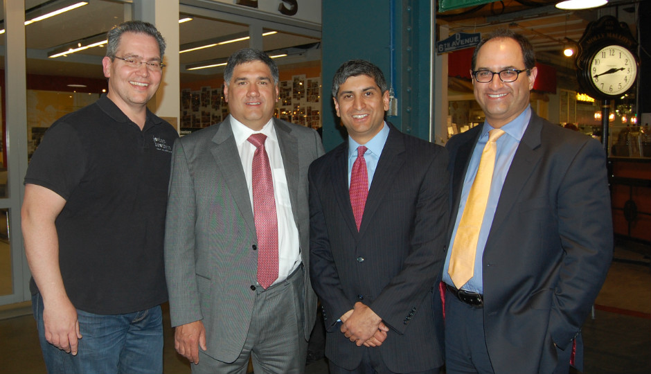 FromL to R: Vincent Lovine. owner of Lovine's Produce; Al Mezzaroba, Reading Terminal Market Board of Directors Chair; Anuj Gupta, Reading Terminal Market GM; and Brent Cossrow, Reading Terminal Market Board of Directors Vice Chair.