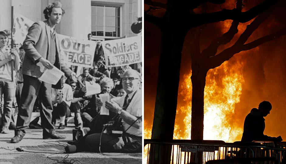 Left: A Free Speech Movement rally at Berkeley in 1966. (Wikimedia Commons) | Right: The “Battle of Berkeley,” February 1, 2017. (Ben Margot/AP)
