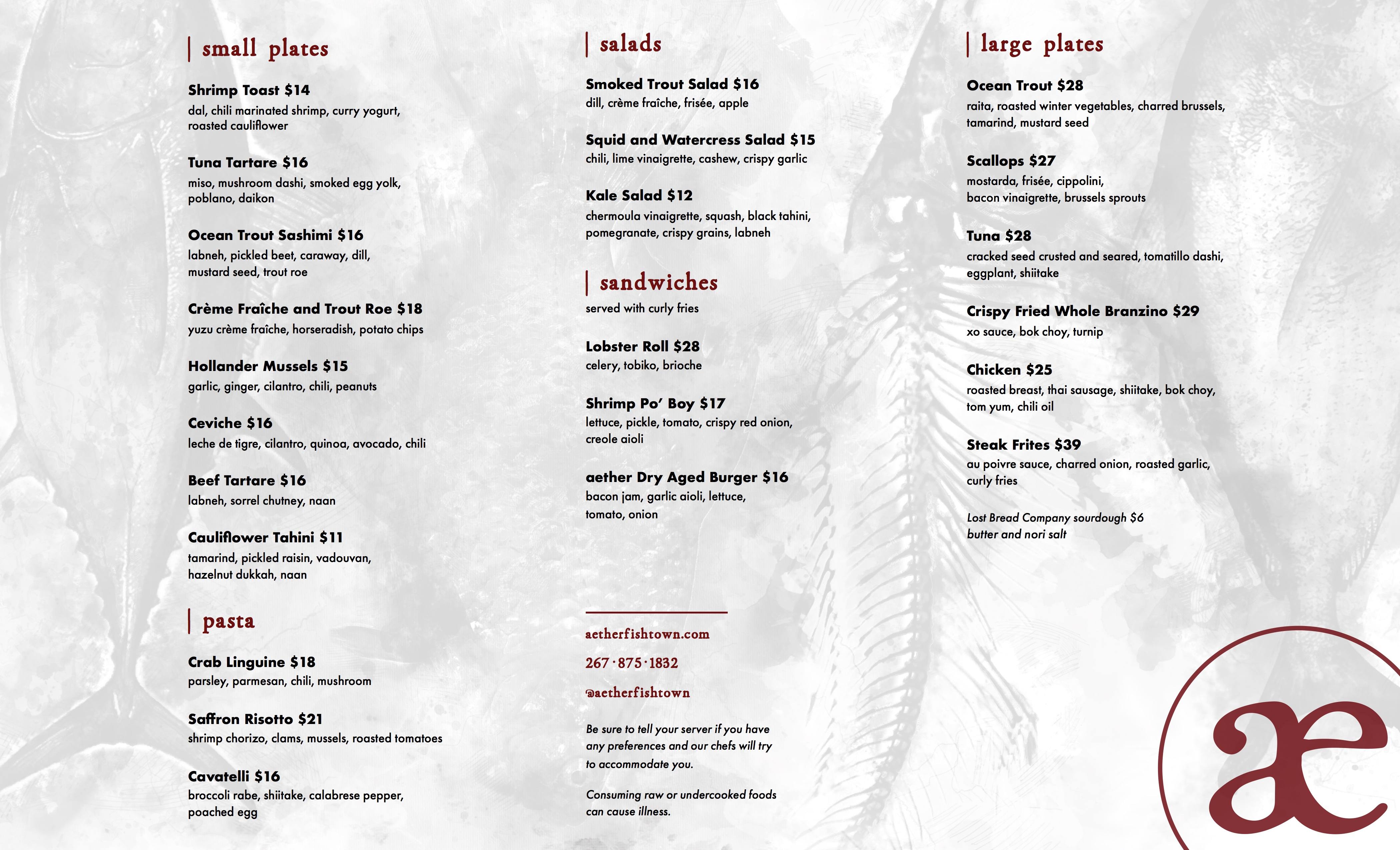 aether fishtown menu philadelphia