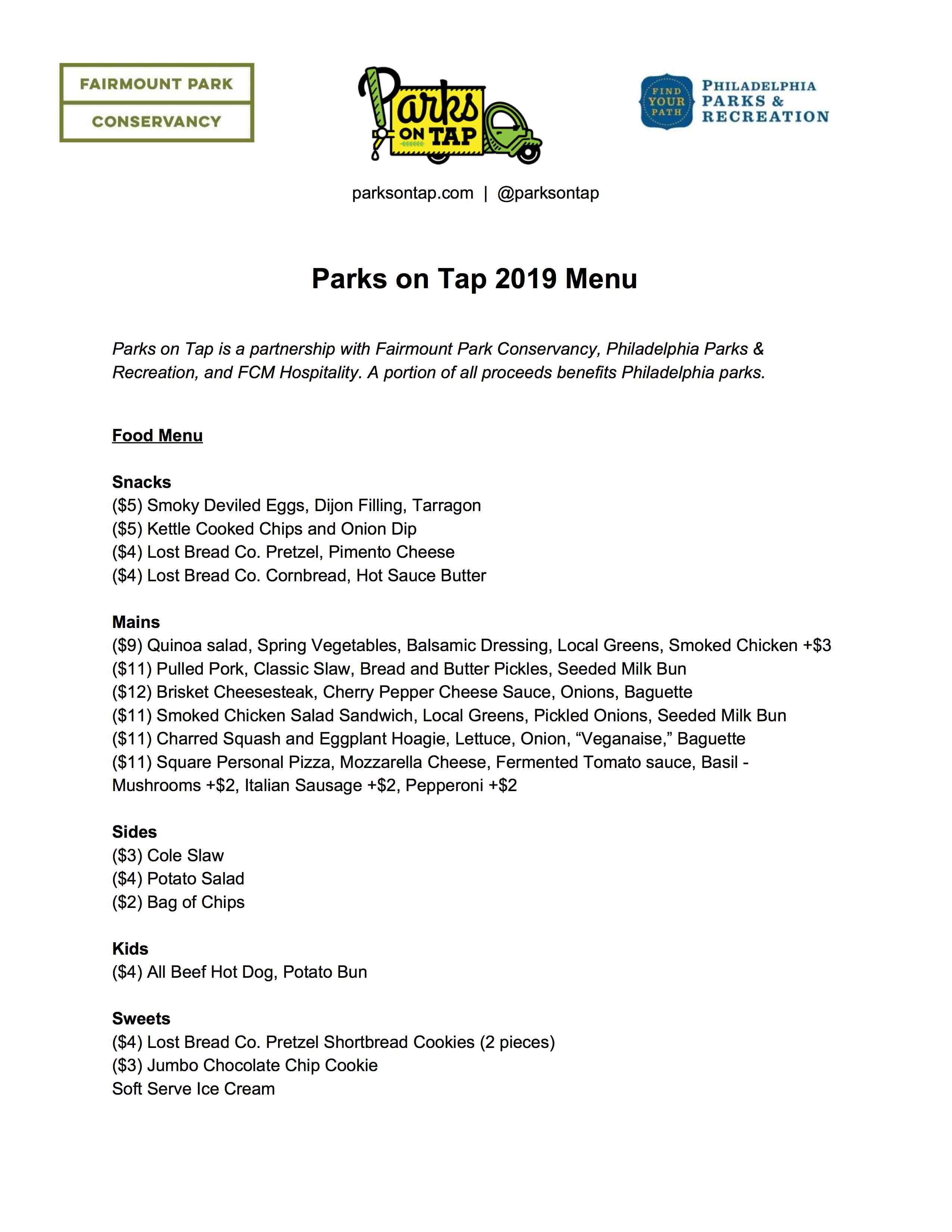parks on tap menu philadelphia