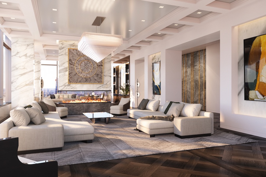 the laurel penthouse living room fireplace