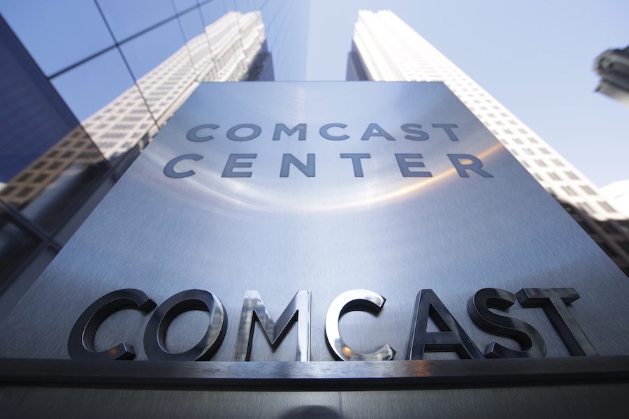 A sign at Philadelphia's Comcast Center, which is home to the steakhouse Chops. The restaurant is suing its insurance company over coronavirus losses.
