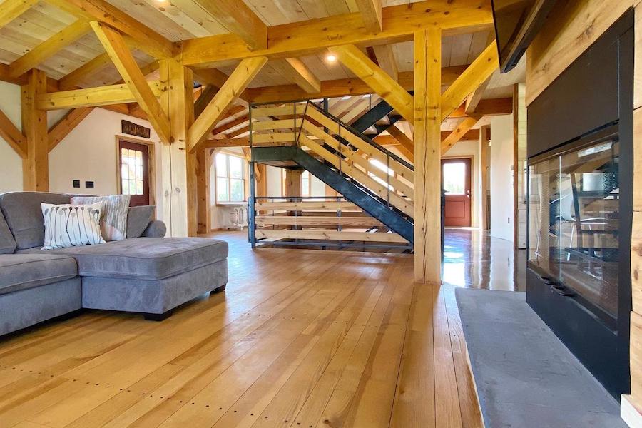 timber-frame pipersville house for sale main floor from living room