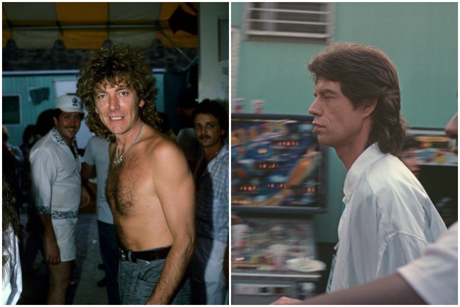 robert plant and mick jagger backstage at JFK Stadium during Live Aid