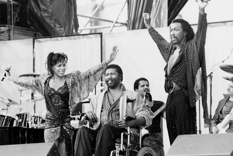 teddy pendergrass with ashford and simpson at JFK stadium for live aid