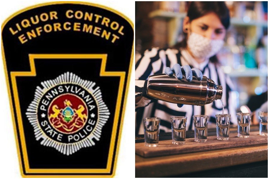 a patch of the pennsylvania state police's liquor control enforcement arm and a bartender pouring drinks