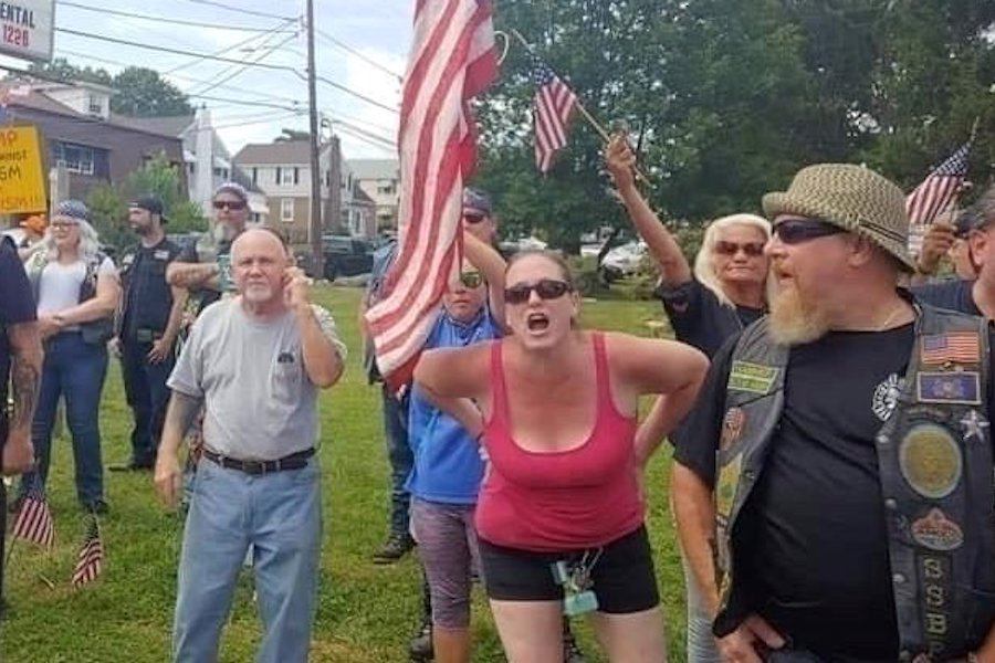 interboro school district board member christine alonso wears a pink tank top during a black lives matter protest in delaware county, pennsylvania