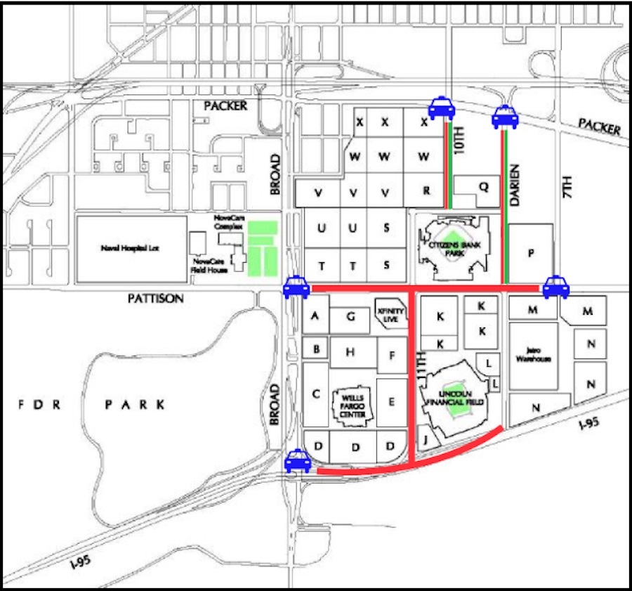 a map of the road closures in South Philadelphia that are being put in place to prevent Eagles fans from tailgating. 