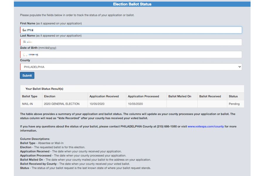 a screenshot of a confusing state website that's supposed to show you your Pennsylvania mail-in ballot status