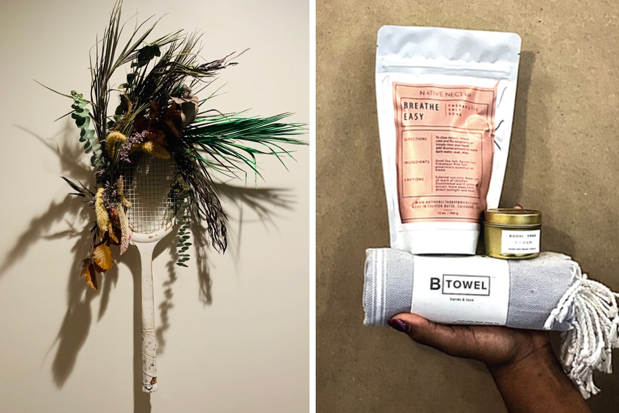 a tennis racket with flowers; an image of bath salts and a towel and candle