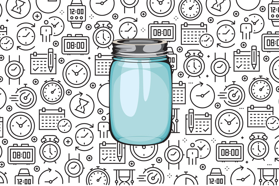 a jar against a background of clocks