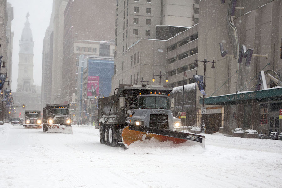 a philadelphia snowplow, which will soon be trackable by residents on PlowPHL, an upcoming Philadelphia snowplow-tracking app