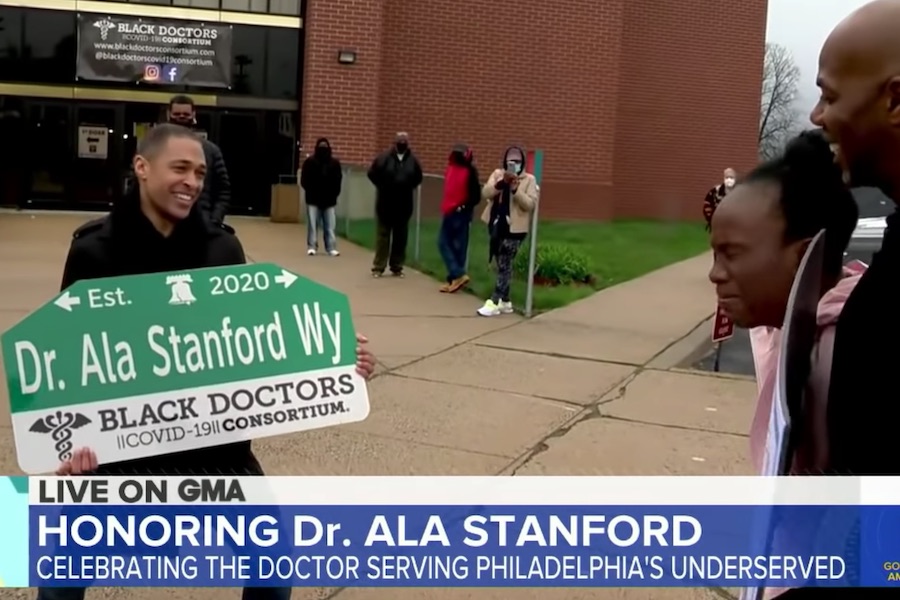 good morning america gives ala stanford an ala stanford street sign in philadelphia