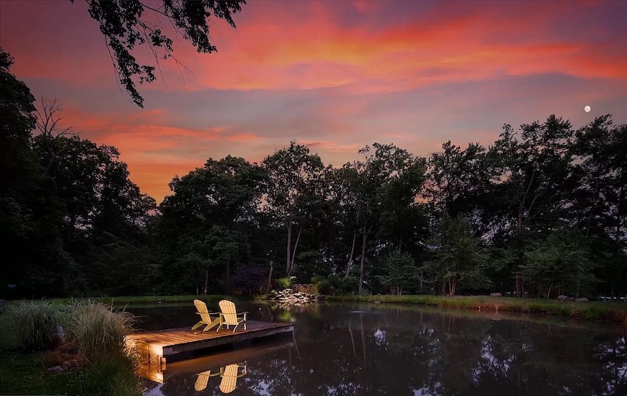 pond, dock and fountain