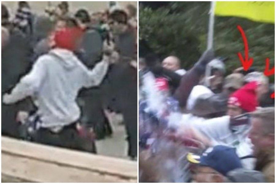 The FBI says these still images from videos show Michael Dickinson of South Philadelphia throwing an object (left) and liquid (right) at law enforcement officers during the Capitol riots