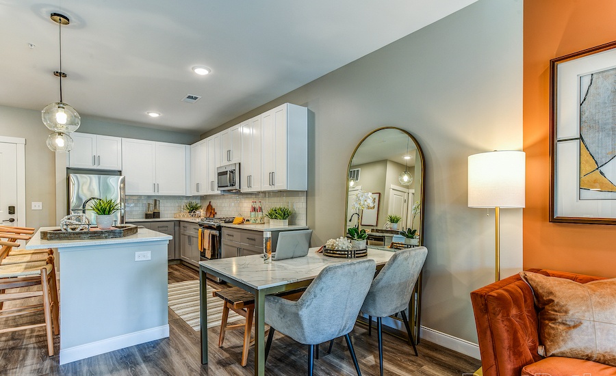 model apartment kitchen and dining area