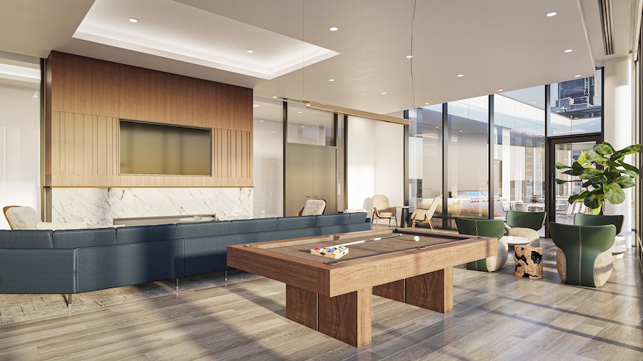 one cathedral square apartment profile clubroom media lounge