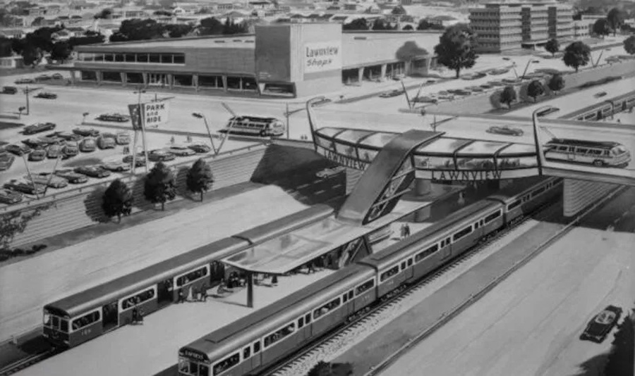 1940s rendering of Boulevard freeway-subway condo