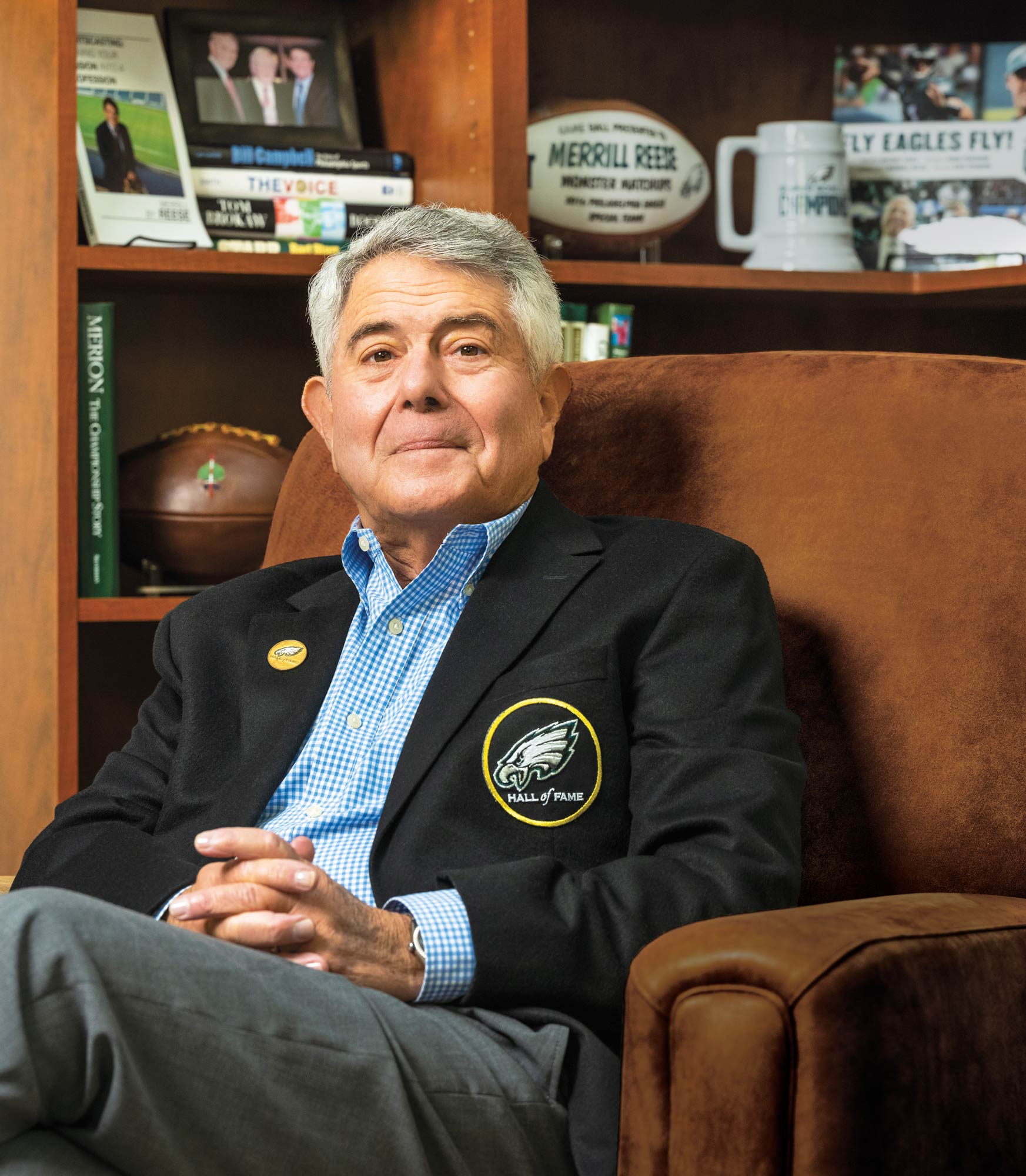 Philadelphia Eagles radio announcer Merrill Reese in his Blue Bell home