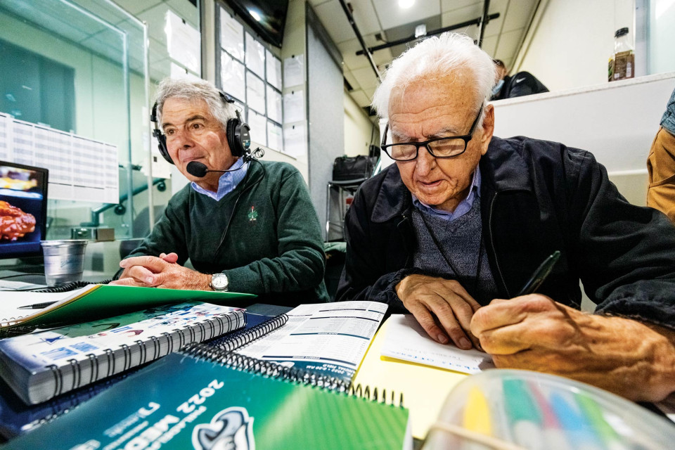 merrill reese in the broadcast booth at a Philadelphia Eagles game