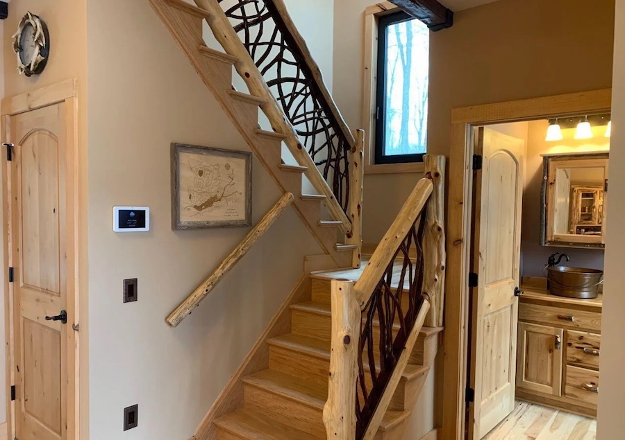 house for sale lake naomi new construction rustic foyer and staircase