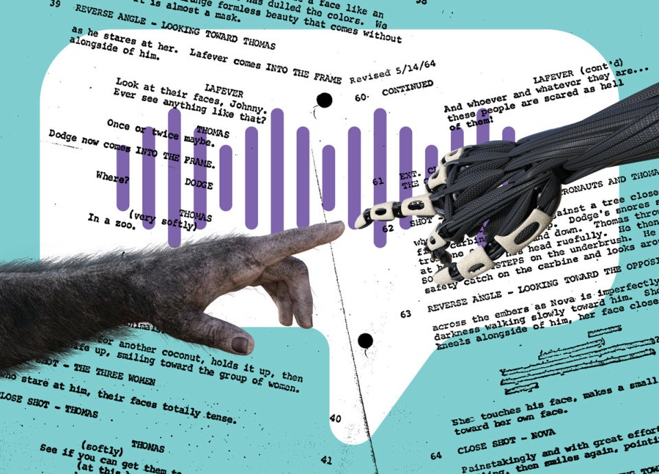 a photo-illustration that reflects the idea of an artificial intelligence chatbot like ChatGPT being used to create a theater production