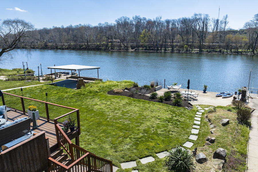 riverside patio and boat dock