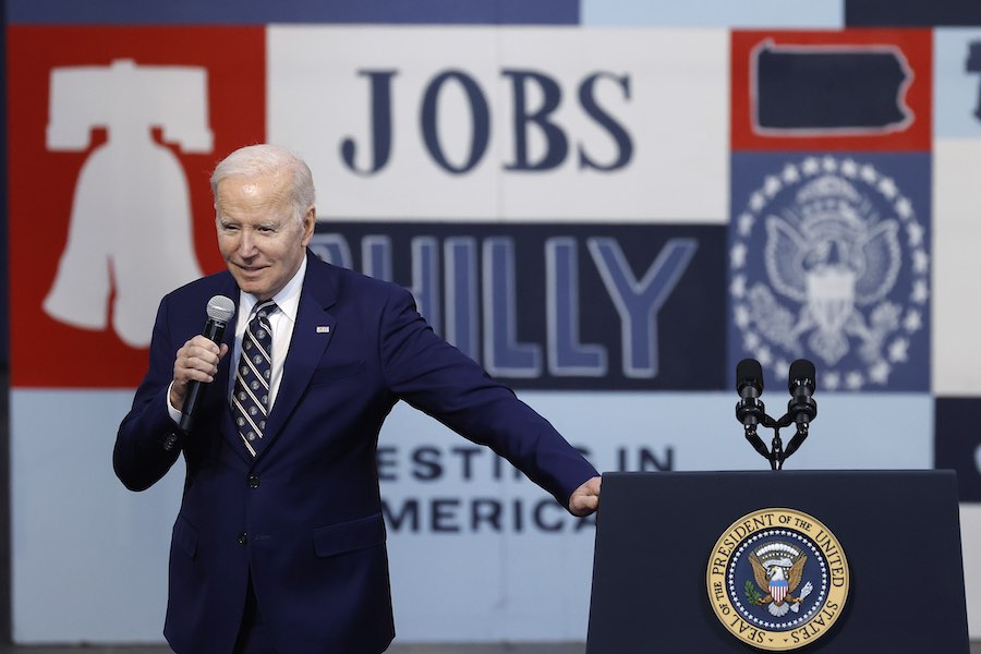 somebody tried to, uh, pay tribute to joe biden, seen here in Philadelphia in March, with a Pennsylvania vanity license plate