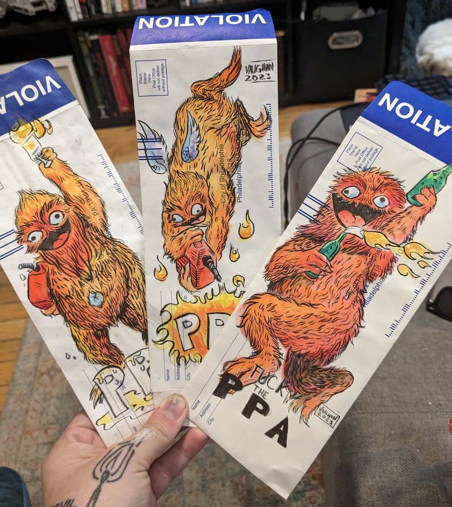 south philadelphia artist heather vaughan creates anti-ppa gritty paintings on philadelphia parking tickets to pay for her parking tickets