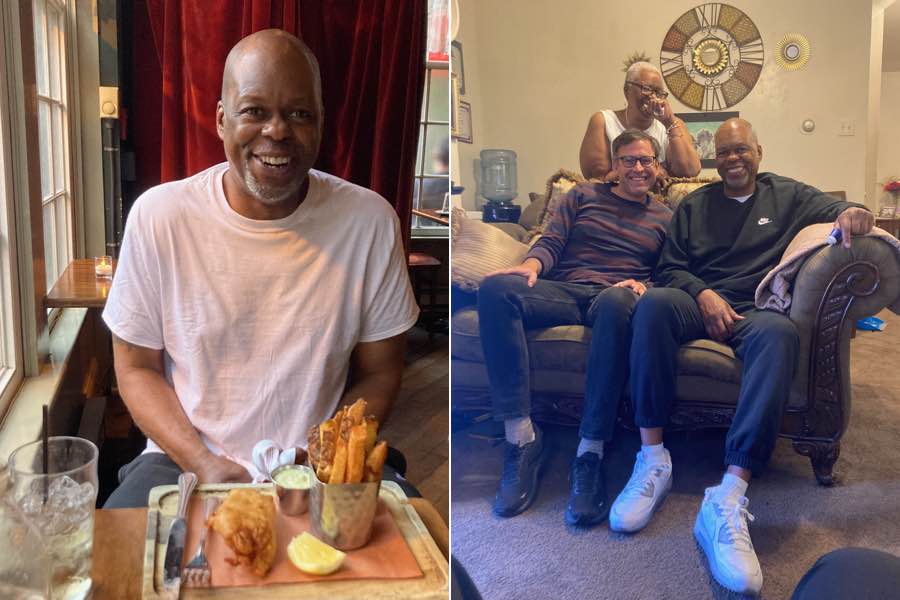 LaFaye Gaskins, who was recently freed from prison, shown at a restaurant and with Dan Denvir, the reporter who wrote about his case in 2016