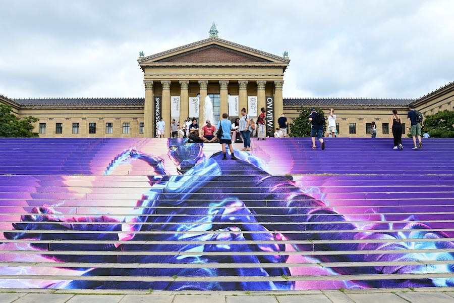 The atrocious Blue Beetle movie ad on Philadelphia's Art Museum steps.