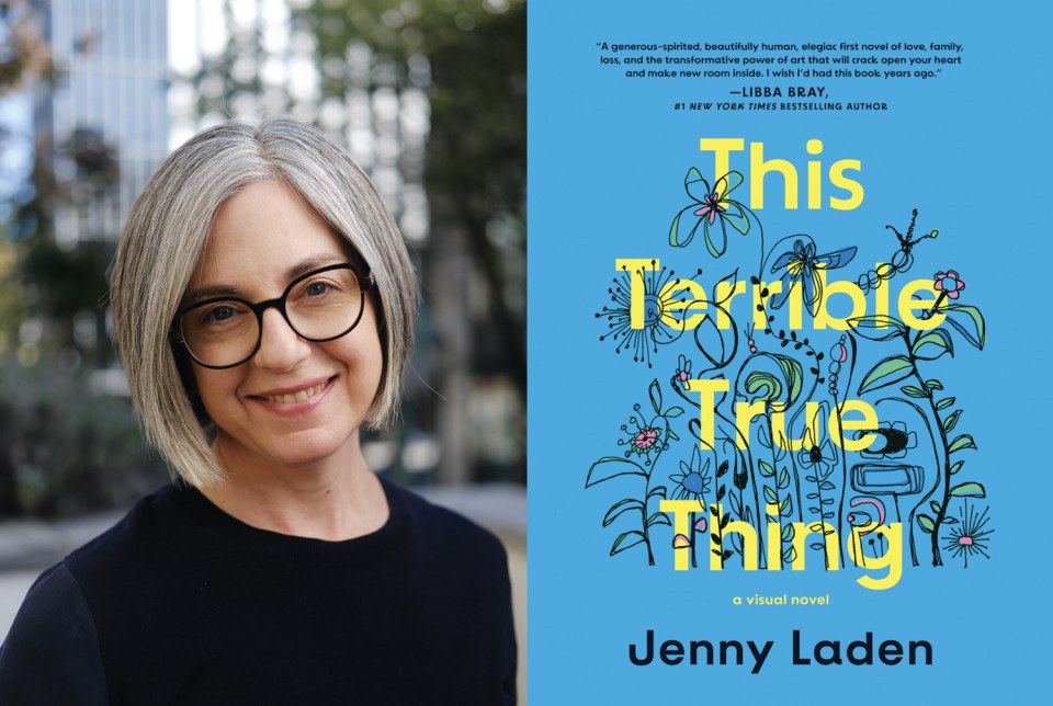 Jenny Laden and the cover of her book this terrible true thing