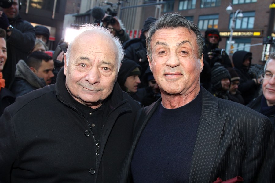 Burt Young, who recently died, with Sylvester Stallone in 2014 for the premiere of the <em>Rocky</em> musical on Broadway