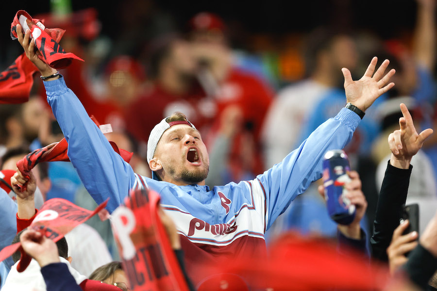 Philadelphia Phillies fans celebrate after the Phillies beat the Arizona Diamondbacks in Game 2