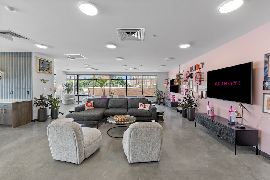the quincy apartment profile second-floor community lounge