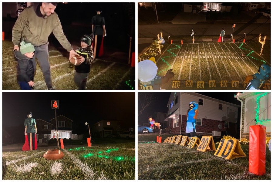 Delco Steaks partner Steve Reynolds and his sons playing a little football amid their Philadelphia Eagles Christmas decorations